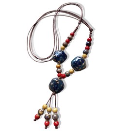 Fuvirou Boho Hippie Colorful Chunky Ceramic Beads Strand Necklace for Women, Vintage Bohemian O Ring Circle Charm Long Y Necklace Statement Jewelry Gift (Ceramic necklace-3)