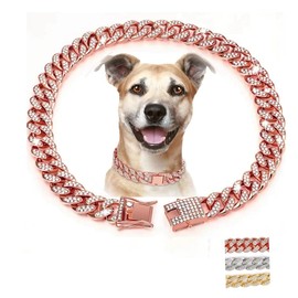 Rose Gold Dog Cuban Link Collar, Dog Necklace, Diamond Dog Collars Metal Bling Choke 13mm Wide Pet Jewelry for Puppy Small Medium Large Dogs (18inch)
