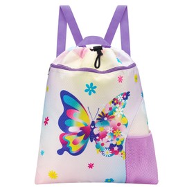 WAWSAM Butterfly Gym Drawstring Backpack- 15” x 17” Sports Gym Bag Drawstring Bag for Girls Waterproof String Backpack for Beach Swim Travel Yoga Gift with Zipper Pocket and Water Bottle Pocket