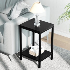 SAYGOER Black End Tables Small Side Table with Storage Wood Night Stand Metal Frames 2 Tier Bedside Table with Adjustable Feet, 1PCS, All Black