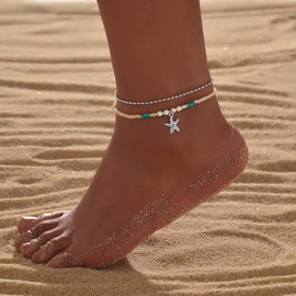 TseenYi Boho Bead Starfish Anklet Bracelet Silver Layered Beadeds Foot Anklet Starfish Pendant Anklet Small Beads Foot Anklet Truquoise Beaded Foot Chain Jewelry for Women and Girls