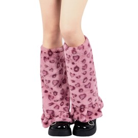 Zando Women Y2K Faux Fur Leg Warmers - Soft, Fuzzy, Fluffy Leg Warmers for Women - Winter Boot Cuffs & Costume Accessories - Pink Leopard Print - One Size