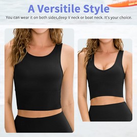 Workout Crop Tank Tops for Women Solid Comfort Sleeveless Shirts for Casual Sports Fitness Yoga Reversible Ribbed Tops Black