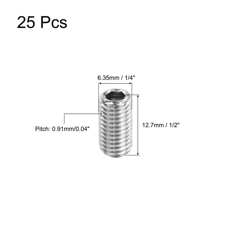 sourcing map 25Pcs Hex Socket Grub Screw, 1/4-28x1/2" 304 Stainless