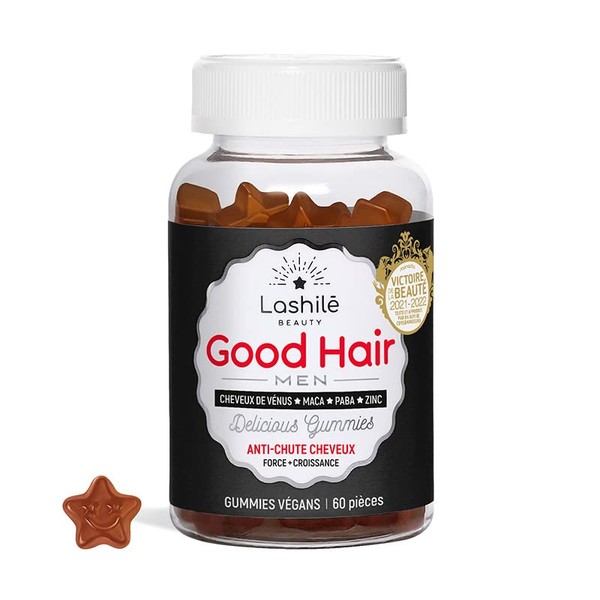 LASHILÉ BEAUTY - Food Supplements – Anti-Hair Loss for Men – Good Hair Men – 1 x 60 Gummies – Made in France – Zinc, Vitamin B6, Vitamin B10, Maca, Paba, Horsetail, etc