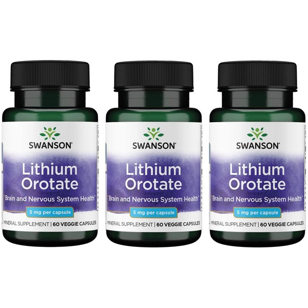 Swanson Lithium Orotate Antioxidant Mood Emotional Wellness Behavior Memory Support Supplement 5 mg 60 Veggie Capsules (Elemental Lithium) 3 Pack