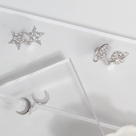 Ohrstecker aus Sterlingsilber für Frauen Mond Stern Planeten kleine zierliche Ohrringe 3 Sets für mehrere Piercings (Silber)