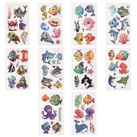 10 Sheets Kids Ocean Tattoos, Cute Watercolor Under Sea Animal Temporary Tattoos Fake Stickers for Children Toddler Enfant Arm Shoulder for Birthday Party Supplies Decorations Favors