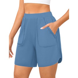 Quenteen - Pantalones cortos deportivos para mujer, estilo casual, sueltos, atléticos, para relajarse, correr, cintura elástica, con bolsillo, Gris azul, Small