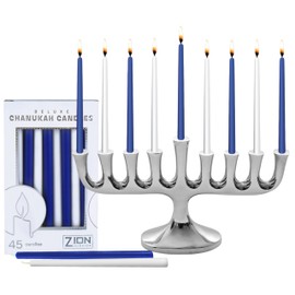 Stunning Sleek Designers Menorah with Candle Set - Elegant High Polished Minorah with 45 Chanukah Candles - fits Standard Size Hanukkah Candles or Oil Cup - High-class 2 in 1 Chanukiah By Zion Judaica