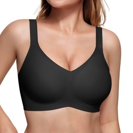 Vertvie Women's Seamless Bra Wireless Push Up Support Bra Comfort Full Coverage Bra V Neck Sleep T-Shirt Everyday Bralettes (Black,XX-Large)