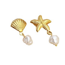 Gold Shell Starfish Pearl Dangle Drop Earrings for Women, Trendy Ocean Jewelry Gift (gold（2）)