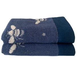 Sue Rossi 100% Turkish Cotton Hand Guest Towels, Pack Of 2, Very Soft & Absorbent, Quick Dry 500gsm Thick, Bathroom Or Kitchen Utility Towel Set. (Navy Blue Bee)