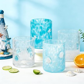 JarThenaAMCS 4Pcs Summer Ocean Icon Juice Glass 14 Oz Wine Glass Blue White Seashell Seahorse Starfish Stemless Cocktail Drinking Cups for Summer Coastal Beach Party Favors