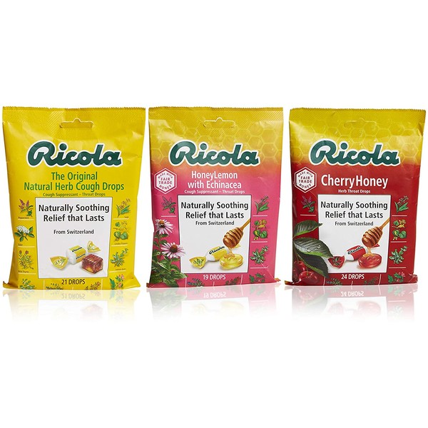 Ricola Cough Suppressant and Throat Drops Variety-Pack, 3-Flavors: Original, Cherry Honey, Honey Lemon with Echinacea