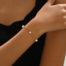 Dabovos Gold Bracelets for Women Dainty 18K Gold Plated Pearl Beads Bracelet Trendy Jewelry Gift