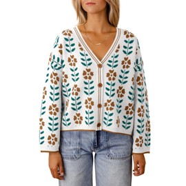 Saodimallsu Womens Floral Print V Neck Cardigan Open Front Button Down Knit Sweater Long Sleeve Loose Fashion Tops White