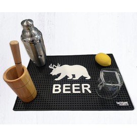 Beer Bear With Deer Antlers 17.7" x 11.8" Funny Bar Spill Mat Rail Countertop Accessory Home Pub Decor Slip Resistant Durable Thick Bar Covering for Craft Brewery Kitchen Cafe and Restaurant Accessory