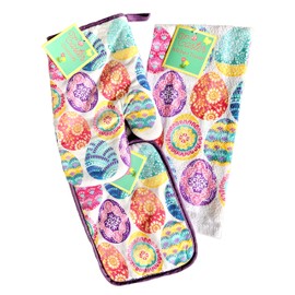 Easter 3 Piece Egg Pastel Kitchen Towel Set with Matching Oven Mitt and Pot Holder + Stickers Colorful (Bundle)