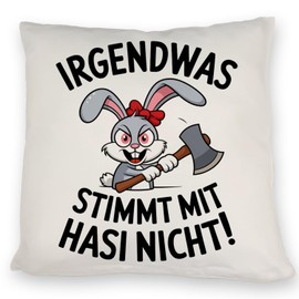 speecheese Irgendwas stimmiert mit Hasi Nicht! Cushion with Killer Rabbit Funny Decorative Cushion with Funny Saying