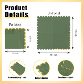 FALIZIFU 50 Pieces 2-Ply Green Scalloped Napkins with Gold Foil Cocktail Napkins Disposable Paper Napkins for Dinner Wedding Baby Shower Birthday Party Beverage Napkins