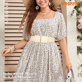 WHIPPY Straw Woven Elastic Belt for Women Fashion Boho Raffia Ladies Belt Braided Wide Stretch Waistband for Dress, Beige, L