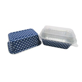 KitchenDance Disposable Aluminum Mini Loaf Pans - 6 Ounces Rectangular Individual Sized Loaf Pans, Aluminum Foil Baking Pans perfect for Cakes, Cobblers - #4004, (Blue Polka Dot- With Lids, 50)