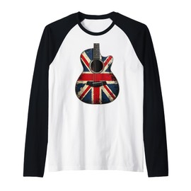 Union Jack Acoustic Guitar Design Retro UK Flag Guitarist Raglan Baseball Tee