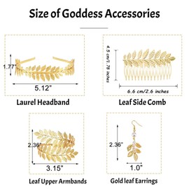 DINGFENG Set of 4 Greek Goddess Costume Jewellery Set, Wedding Bridal Jewellery Upper Bangle Earrings Laurel Wreath Hair Clip Bracelet Golden Wedding Boho Leaf Hair Crown Accessories Girls Women,