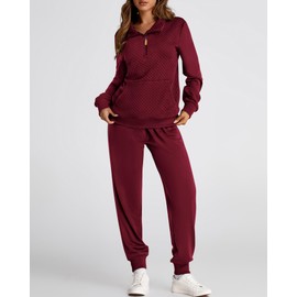 BTFBM Womens Sweatsuits 2 Piece Set Quilted Quarter Zip Pullover Jogger Sweatpants Tracksuit Fall Matching Lounge Sets(Solid Wine Red, Small)