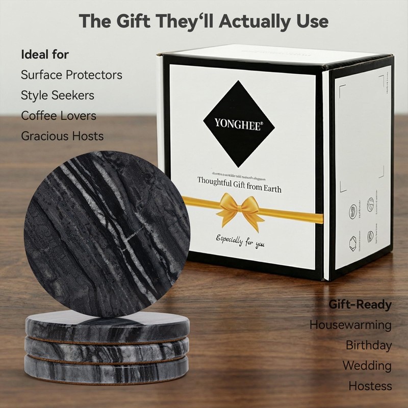 YONGHEE Black Marble Coasters Set of 4, Elegant Black &