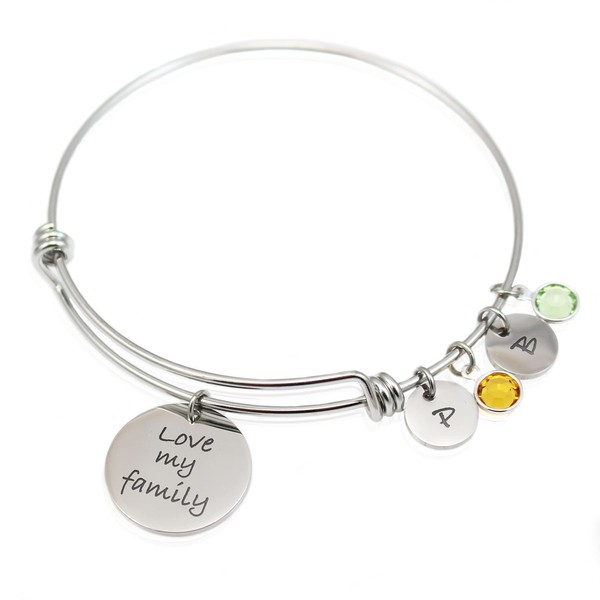 Laser Engraved Initial Adjustable Bangle Love My Family Message Bracelet