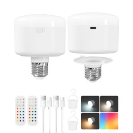 GOEBLESON Rechargeable Light Bulbs with Remote Control 2 Pack, 5400mAh Battery Operated Light Bulb, 3 Color Temperatures 12 RGB, Wireless Light Bulbs for Emergency, Camping, Home Lighting, R09YBP205