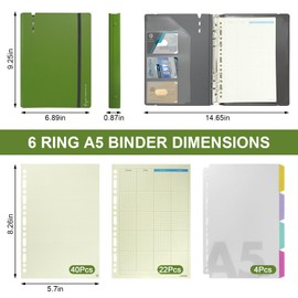ZephyrCraft A5 Ring Binder Refillable, 6 Rings A5 Binder with Refill Paper and Dividers, Budget Planner Notebook for Office, School, Travel Work, Includes Pen (Green)