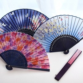 Parkssi Sangbang Inexpensive Silk Traditional Fan Collection of Pretty Fans with Flower Patterns/Foreigner/Group Gift, 27_Unique Songhak Silk Fan - Navy Blue Purple / 박씨상방 저렴한 실크 전통부채 꽃문양 예쁜부채 모음/외국인/단체선물, 27_이색송학실크부채 - 남색보라