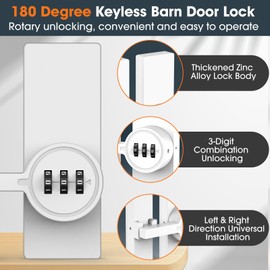 Password 180 Degree Barn Door Latch, Keyless Adhesive Flip Latch, Sliding Door Latch with 3-Digit Combination, Cabinet Lock with Glue and Screws for Gate,Shed, Bedroom, Closet (1, White)