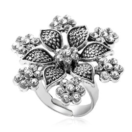 Vintage Big Flower Statement Ring for Women Girls Silver Plated Oxidized Cubic Zirconia Adjustable Expandable Snowflake Open Wrap Rings Boho India Bollywood Rhinestone Birthday Party Jewelry