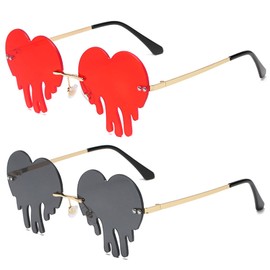 BOJOD Dripping Heart Shaped Sunglasses for Women Rimless 90s Melting Drippy Heart Glasses Trendy Sunglasses for Party BLACK+RED 2 pack