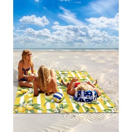 Gsypo Lemon Beach Blanket Waterproof Sandproof 83"x79", Summer Yellow Stripes Oversized Beach Mat with 4 Corner Sand Pocket & 4 Stakes, Compact Outdoor Picnic Mat for Camping Travel Festivals