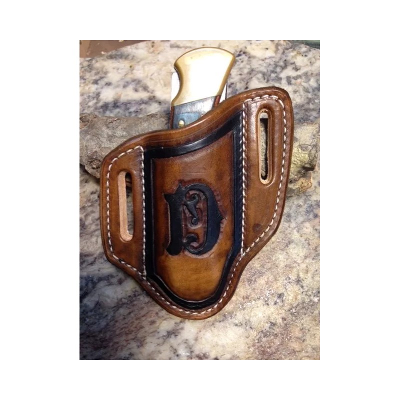 SULLIVAN CUSTOM LEATHER Tooled Monogrammed pancake style Knife sheath for