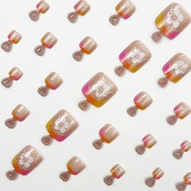 24 Pcs Pink Yellow Ombre French Press On Toenails YEFIUO Cute Nude Acrylic Fake Toe Nails Press ons Nail Art with Glossy Design Full Cover Summer False Nails Glue on Toe Nails Stick on Nails for Ma'am