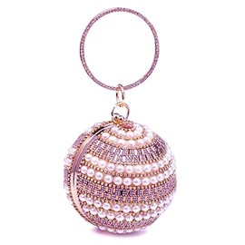 New Women's Rose Gold Sparkling Shiny Small Diamanti Crystal Clutch Bag Ideal For Wedding Prom Dinner Evening Party Event (Pearl Studded Ball)