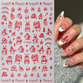 8 Sheets Red Christmas Snowflake Nail Art Stickers 3D Self-Adhesive Cute Cartoon Penguin Xmas Tree Snowflake Nail Decals Santa Claus Snowmen Snowball Nails Design Manicure Sticker for Women Nail Decor