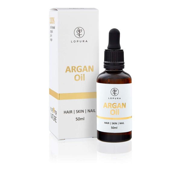 LOPURA Organic Argan Oil 50 ml - 100% Pure Natural Cosmetics Cold Pressed from Morocco - For Intensively Nourished Skin, Silky Hair, Regenerated Nails - Brown Glass Bottle with Pipette