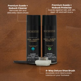 Rochester Premium Suede + Nubuck Care Kit, Shoe Cleaner Assortment with Suede and Nubuck Protector, Cleaner, and 4-Way Deluxe Shoe Brush, Shoe Care Accessories