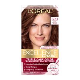 L'Oreal Paris Excellence Crème Permanent Hair Dye, Triple Care Hair Color with Pro-Keratine Complex for 100% Gray Hair Coverage, 6RB Light Reddish Brown, 1 Kit