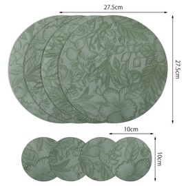 4 pieces 27.5 x 27.5 cm and 4 pieces 10 x 10 cm place mats, round place mats, washable round, faux leather placemat, green, table coaster set, suitable for family restaurants and parties