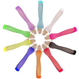 Gabrella 10 Pairs Fishnet Gloves Fingerless, Neon Long Mesh Gloves, Party Scene Clothes for 80s 90s Party Cosplay Costume Accessories Supplies