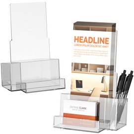 KINGTOP Acrylic Brochure Holder, Pamphlet Holder Display Stand with Pen Slot, Clear Brochure Display Stand for Office, Trade Show, and Retail Marketing Materials (2 Pack)