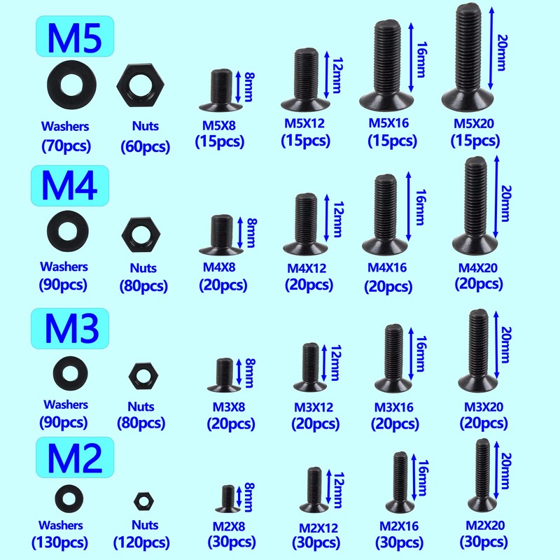 HVDHYY 1065pcs Black Bolt and Nut set M2 M3 M4
